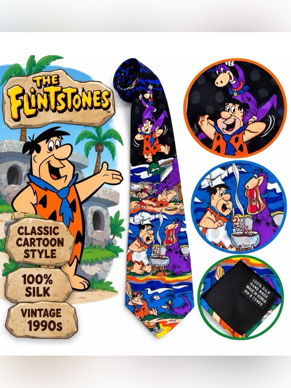 Vintage 1996 Flintstones Fred Dino 100% Silk Novelty Tie
